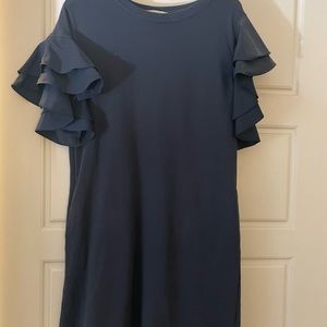 Navy blue dress with ruffled statement sleeves, size medium